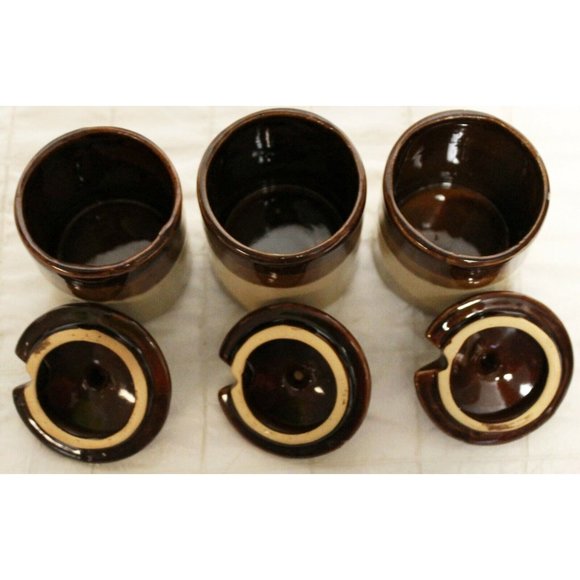 1960s 3 Brown Dip Tan Condiment Jar Lid Stoneware Crock Mustard Relish BBQ Party - Picture 8 of 11